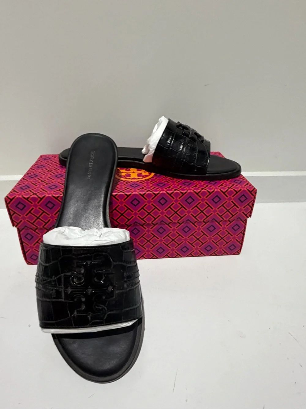 Tory Burch Black Croc-Embossed Slide Mules